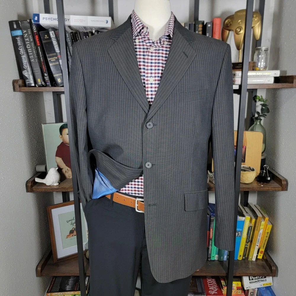 Banana Republic Men's 2PC Sport Coat Pants Gray Striped Cotton‎ Size 44R 36x29